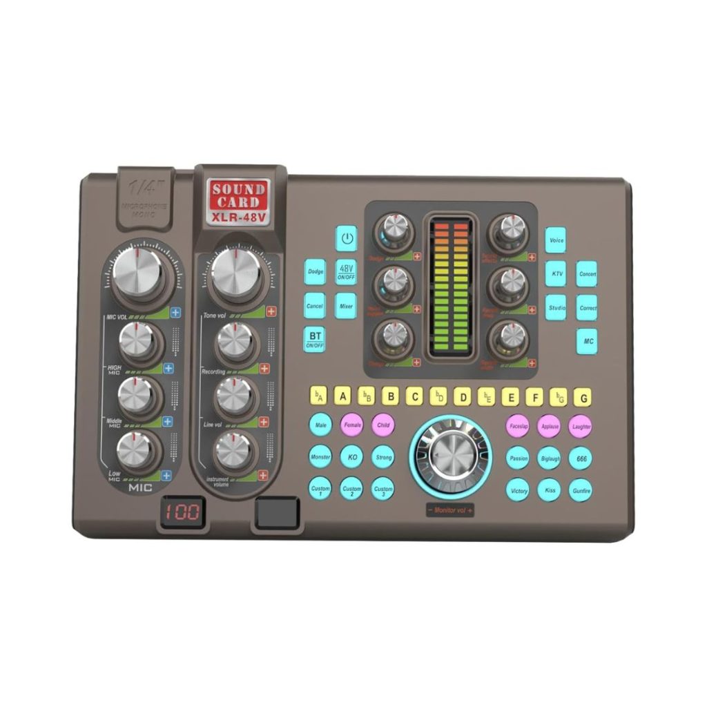 Audio Interface with 48V Phantom Power, Noise Reduction, Customize Sound Pads for Live Streaming, Podcasting, Recording, Gaming, PC, Guitar