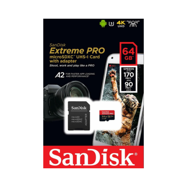 SanDisk Extreme PRO 64GB 200mbps microSDXC UHS-I Memory Card with Adapter (SDSQXCU-064G-GN6MA)